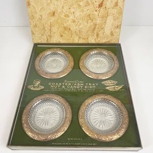 New Vintage Set of 4 Imported Crystal Gold Plated Coasters Nut or Candy Dishes